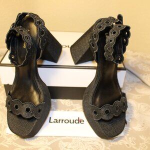 Larroude Dolly Broderie Platform Sandal, Raffia Black, Size 11